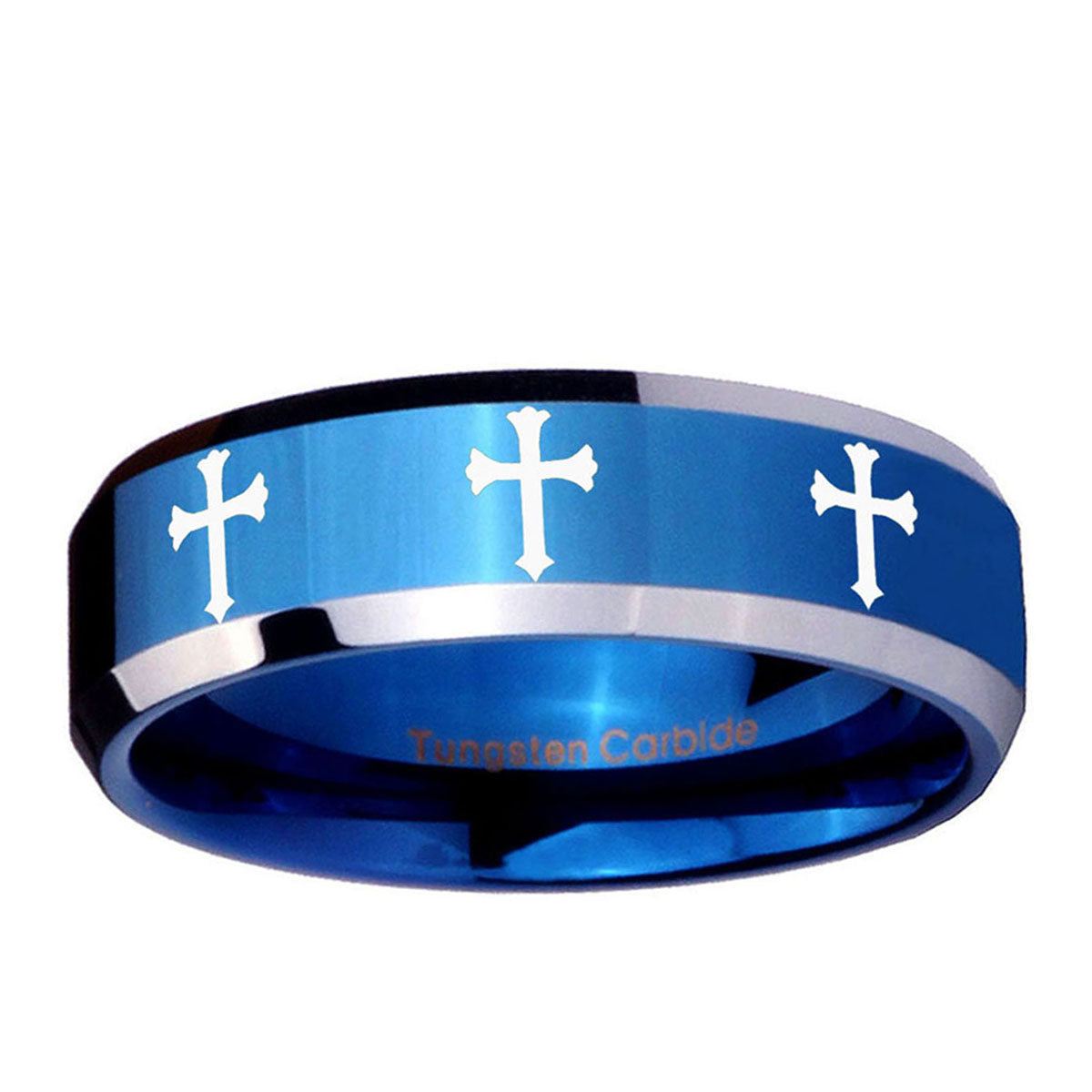 10mm Multiple Christian Cross Beveled Edge Blue 2 Tone Tungsten Promise Ring