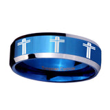 10mm-Multiple-Christian-Cross-Beveled-Edges-Blue-2-Tone-Tungsten-Rings-for-Men