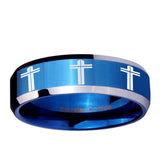 5, 8mm Multiple Christian Cross Beveled Edge Blue 2 Tone Tungsten Ring