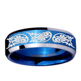 5, 8mm Etched Tribal Pattern Beveled Edge Blue 2 Tone Tungsten Engraved Ring