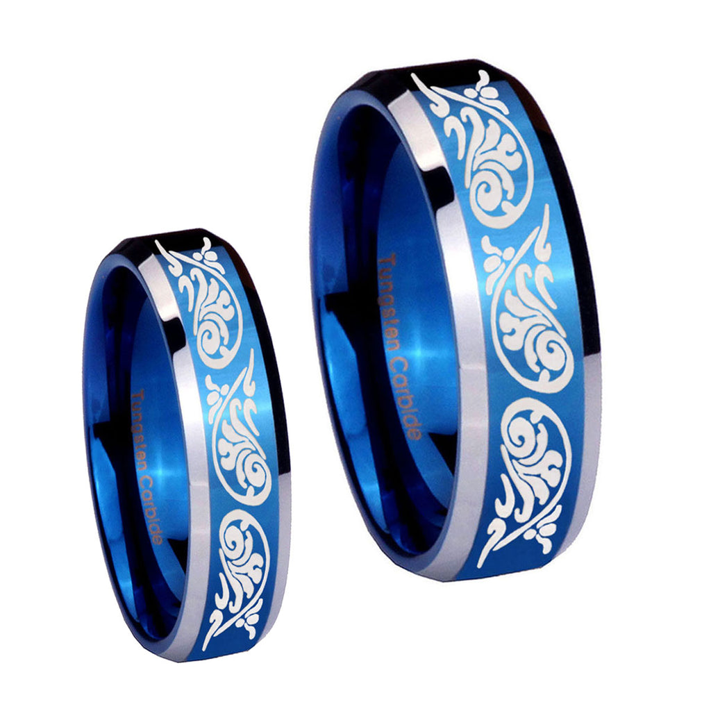 Etched Tribal Pattern Beveled Blue 2 Tone Tungsten Bridal Band Set