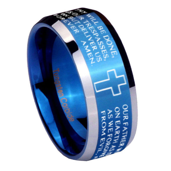 10mm-Bible-Lord's-Prayer-Cross-Beveled-Edges-Blue-2-Tone-Tungsten-Men's-Engagement-Ring