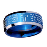 10mm-Bible-Lord's-Prayer-Cross-Beveled-Edges-Blue-2-Tone-Tungsten-Men's-Engagement-Ring
