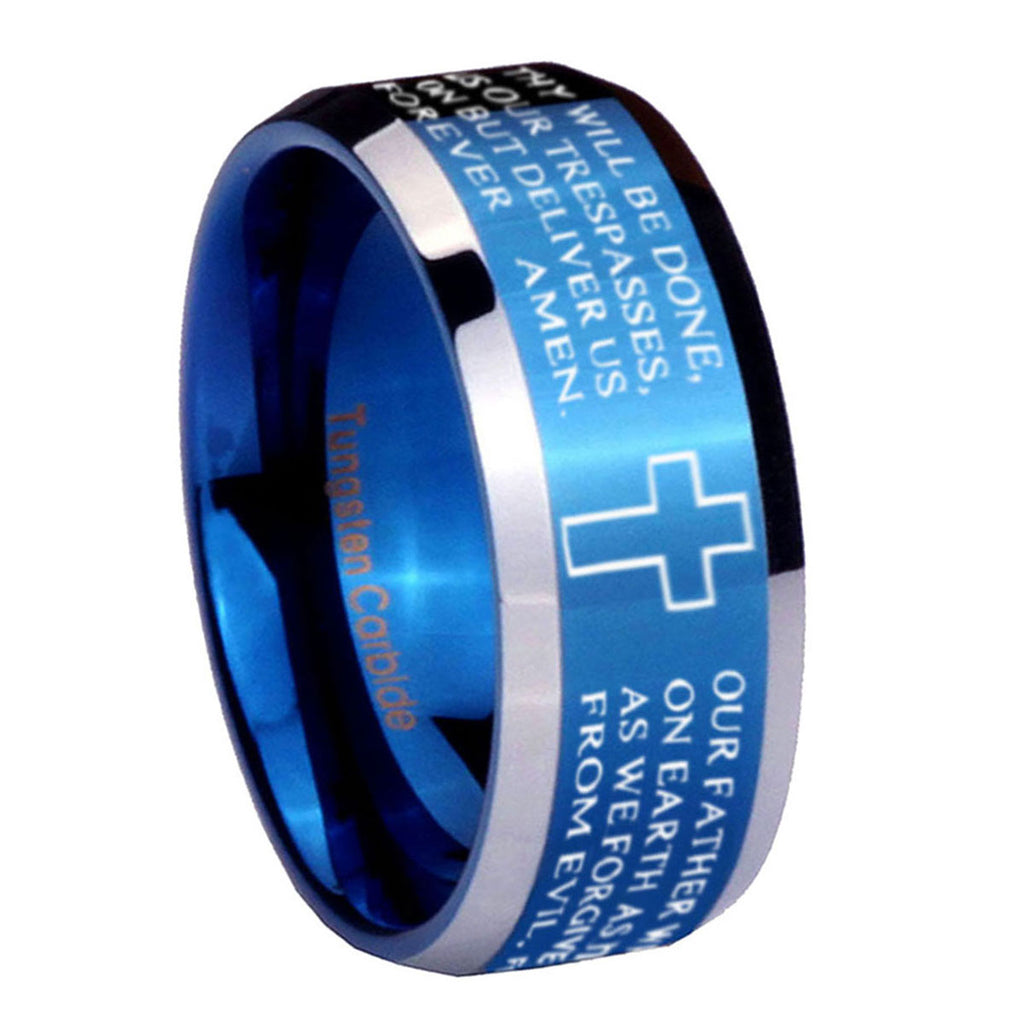 10mm Bible Lord's Prayer Cross Beveled Edges Blue 2 Tone Tungsten Men's Engagement Ring