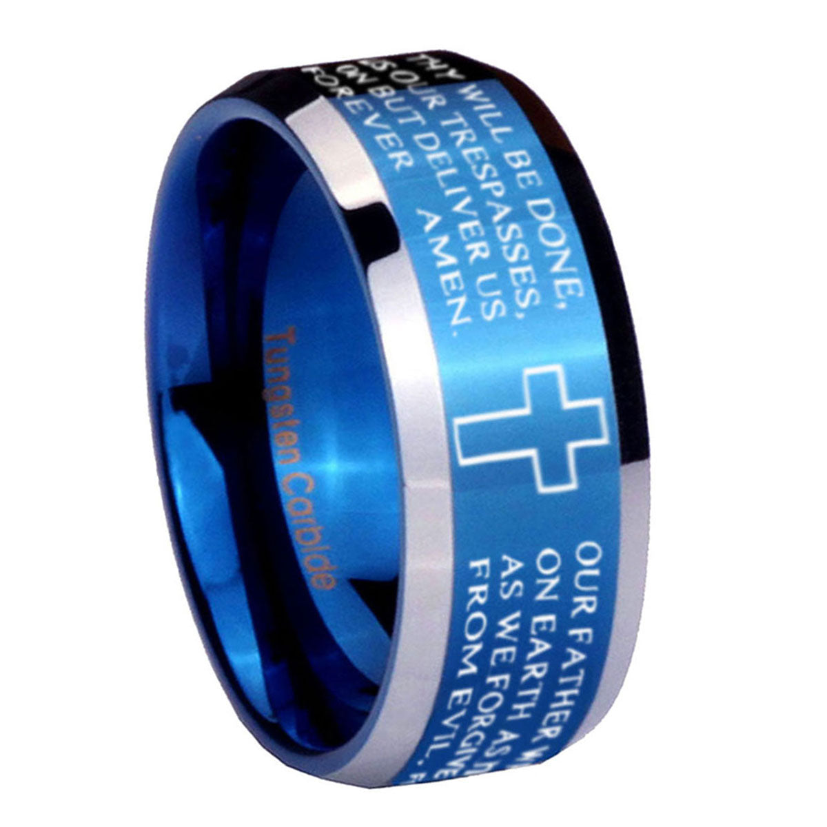10mm Bible Lord's Prayer Cross Beveled Edges Blue 2 Tone Tungsten Men's Engagement Ring