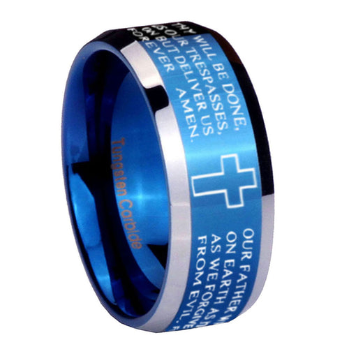 10mm Bible Lord's Prayer Cross Beveled Edges Blue 2 Tone Tungsten Men's Engagement Ring