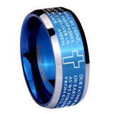 8mm Etched Lord's Prayer Cross Beveled Edges Blue 2 Tone Tungsten Anniversary Ring