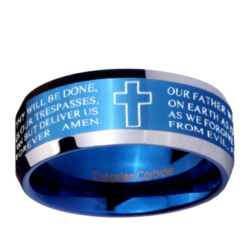 10mm Bible Lord's Prayer Cross Beveled Edge Blue 2 Tone Tungsten Ring