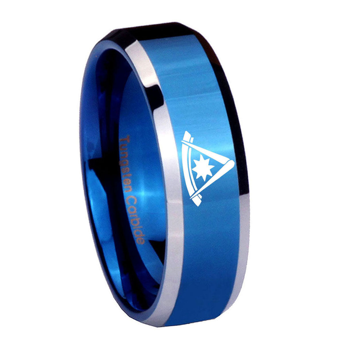 8MM Peaster Master Masonic Beveled Blue Tungsten Wedding Rings