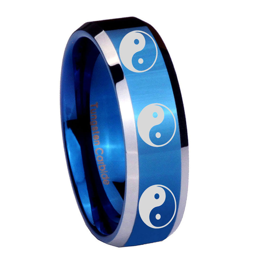 8MM Multiple Yin Yang Beveled Blue Tungsten Ring Men