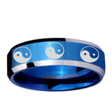 10mm Multiple Yin Yang Beveled Blue 2 Tone Tungsten Ring