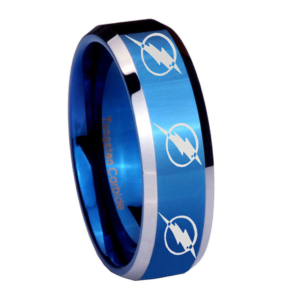 8MM Multiple Flash Beveled Blue Tungsten Custom Ring