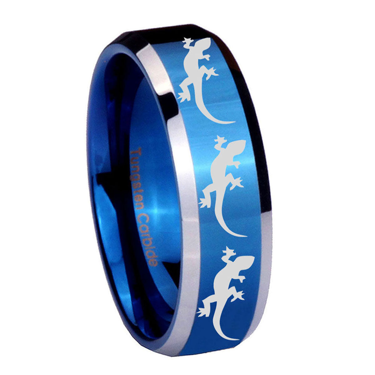 8MM Multiple Lizard Bevel Beveled Blue Tungsten Mens Ring