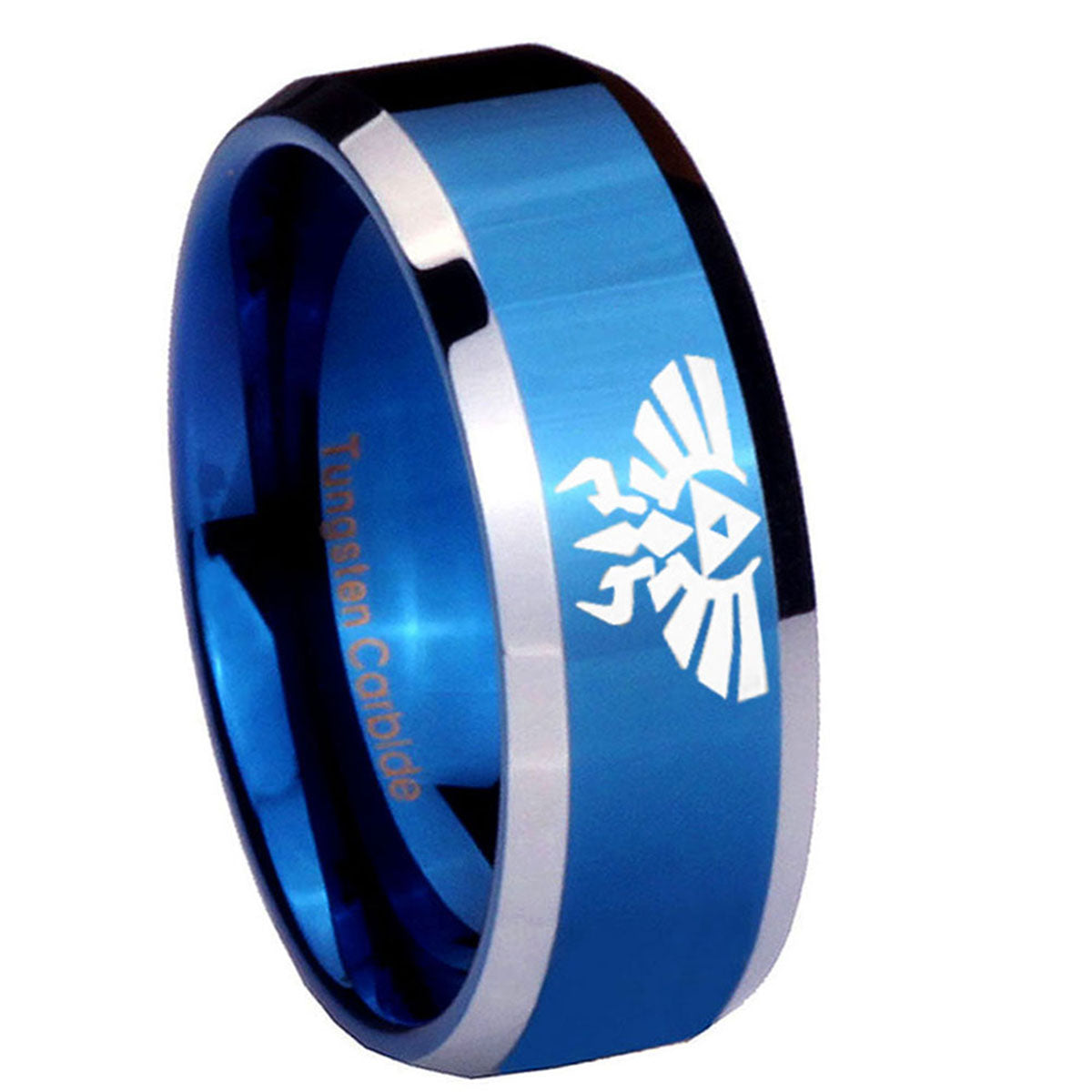 8MM Zelda Skyward Sword Beveled Blue Tungsten Mens Ring