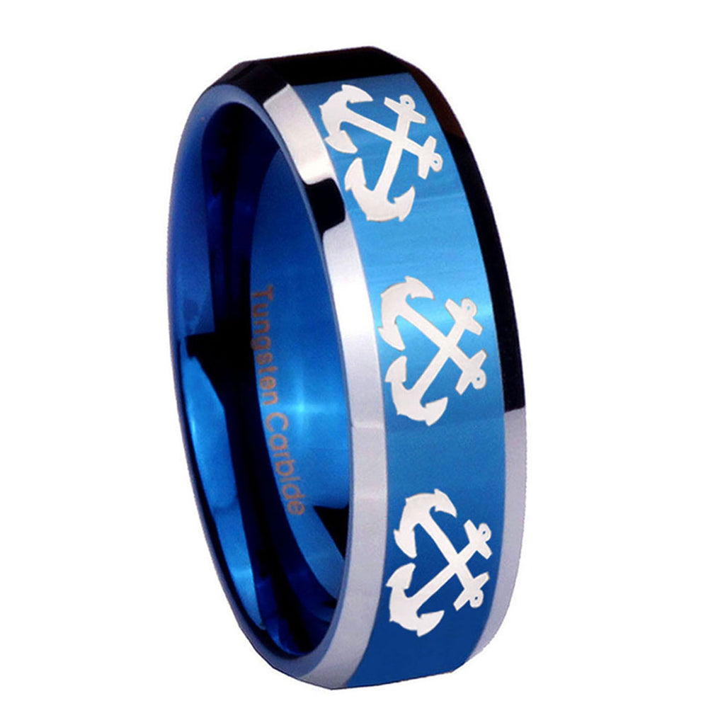 8MM Multiple Anchor Bevel Beveled Blue Tungsten Ring Men