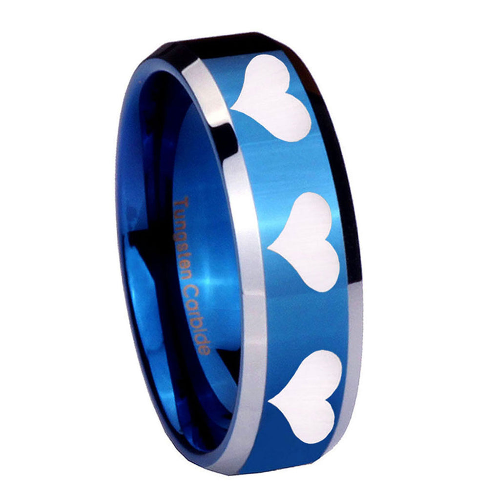 8MM Multiple Heart Beveled Blue Tungsten Mens Ring