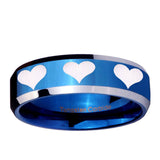10mm Multiple Heart Beveled Edge Blue 2 Tone Tungsten Custom Ring for Men
