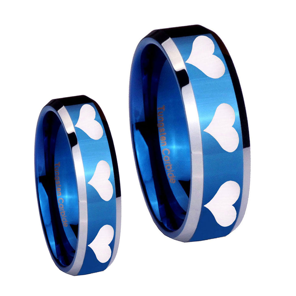 Multiple Heart Beveled Edges Blue 2 Tone Tungsten Bridal Band Set
