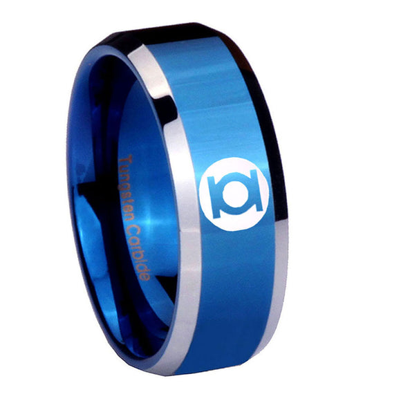 8mm Green Lantern Beveled Edge Blue Mens Comfort Fit Wedding Band