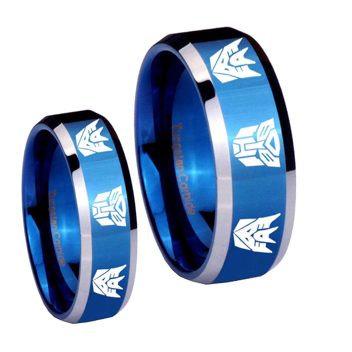 Transformers Autobot Decepticon Beveled Blue 2 Tone Tungsten Engagement Ring Set