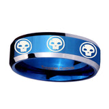 10mm-Multiple-Skull-Beveled-Edges-Blue-2-Tone-Tungsten-Carbide-Custom-Mens-Ring