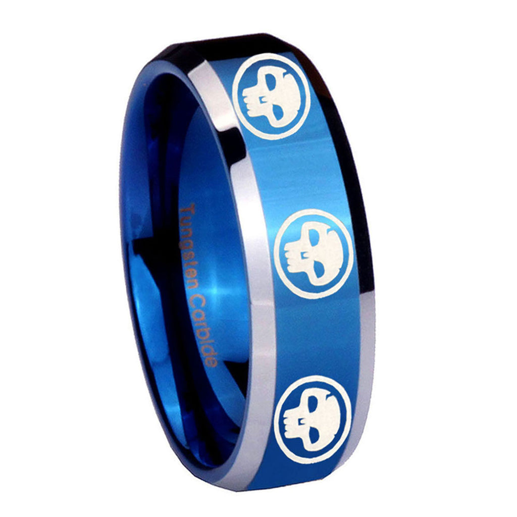 8MM Multiple Skull Beveled Blue Tungsten Ring Men