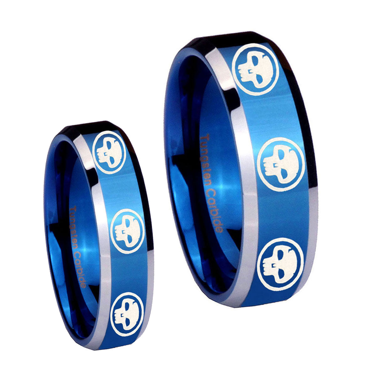 Multiple Skull Beveled Edges Blue 2 Tone Tungsten Bridal Set Rings