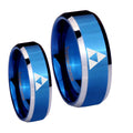 Zelda Triforce Beveled Blue 2 Tone Tungsten Bridal Set Ring