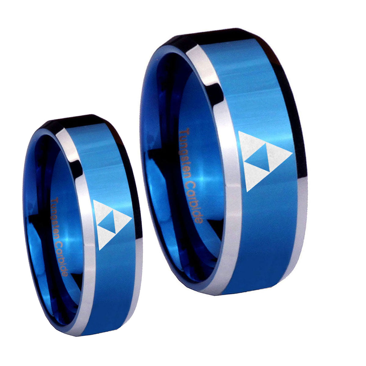 Zelda Triforce Beveled Blue 2 Tone Tungsten Bridal Set Ring