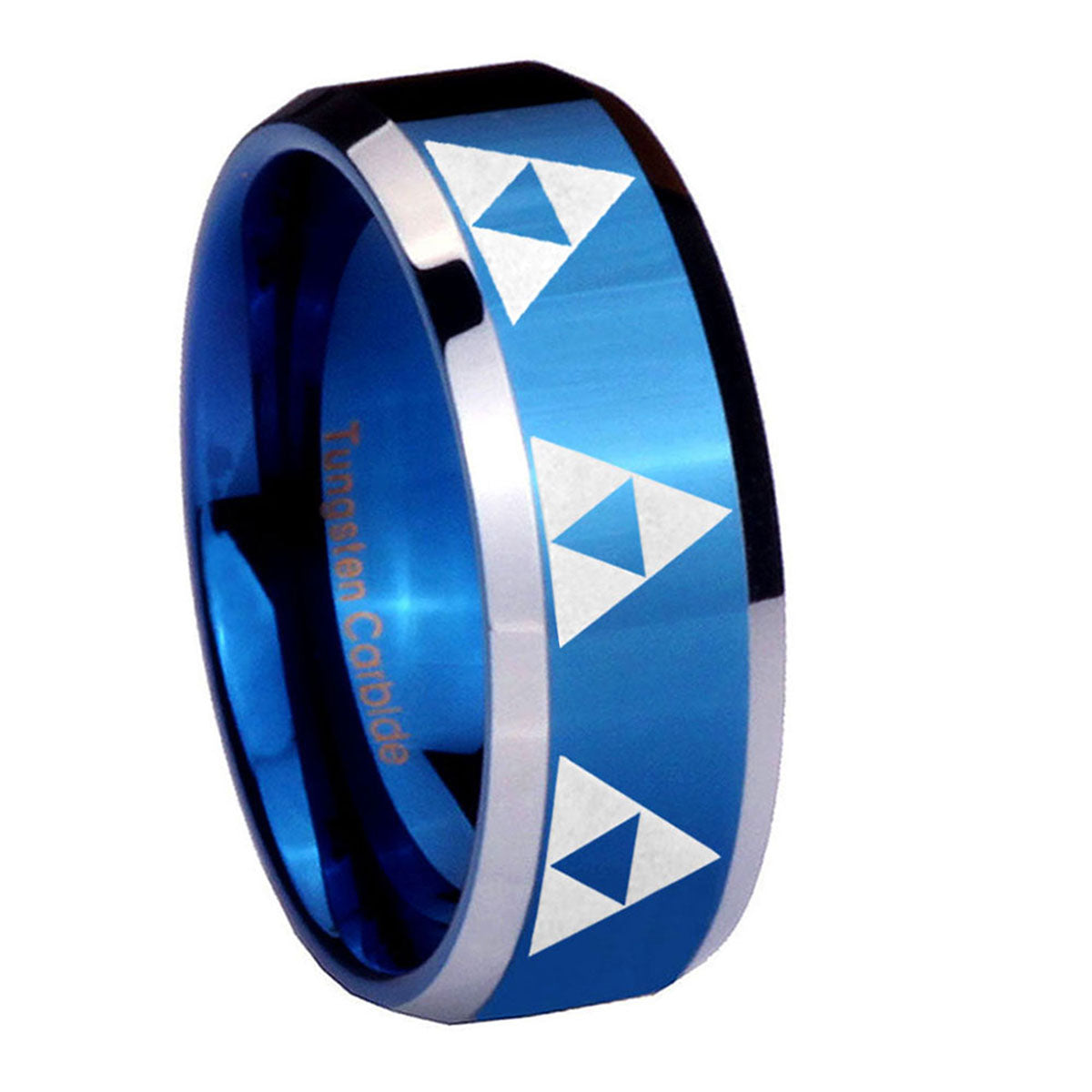 8MM Multiple Zelda Triforce Beveled Blue Tungsten Ring