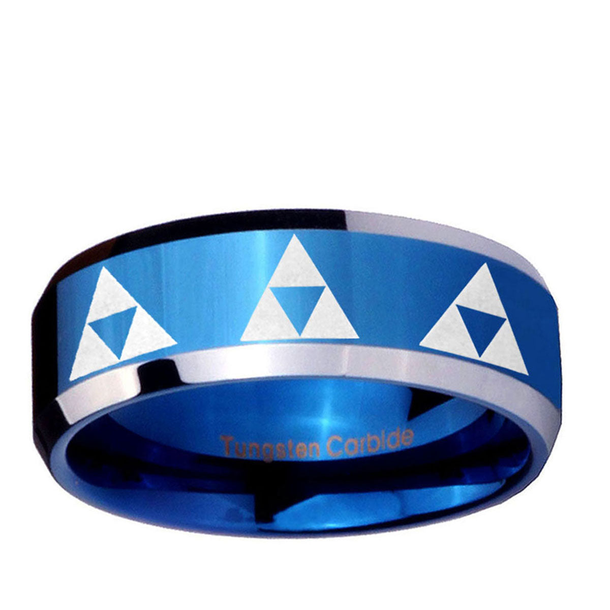 5MM Multiple Zelda Triforce Beveled Blue Tungsten Ring