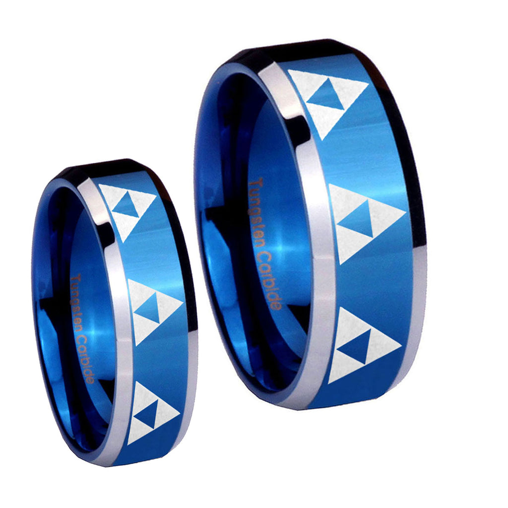 Multiple Zelda Triforce Beveled Blue 2 Tone Tungsten Bridal Set Rings
