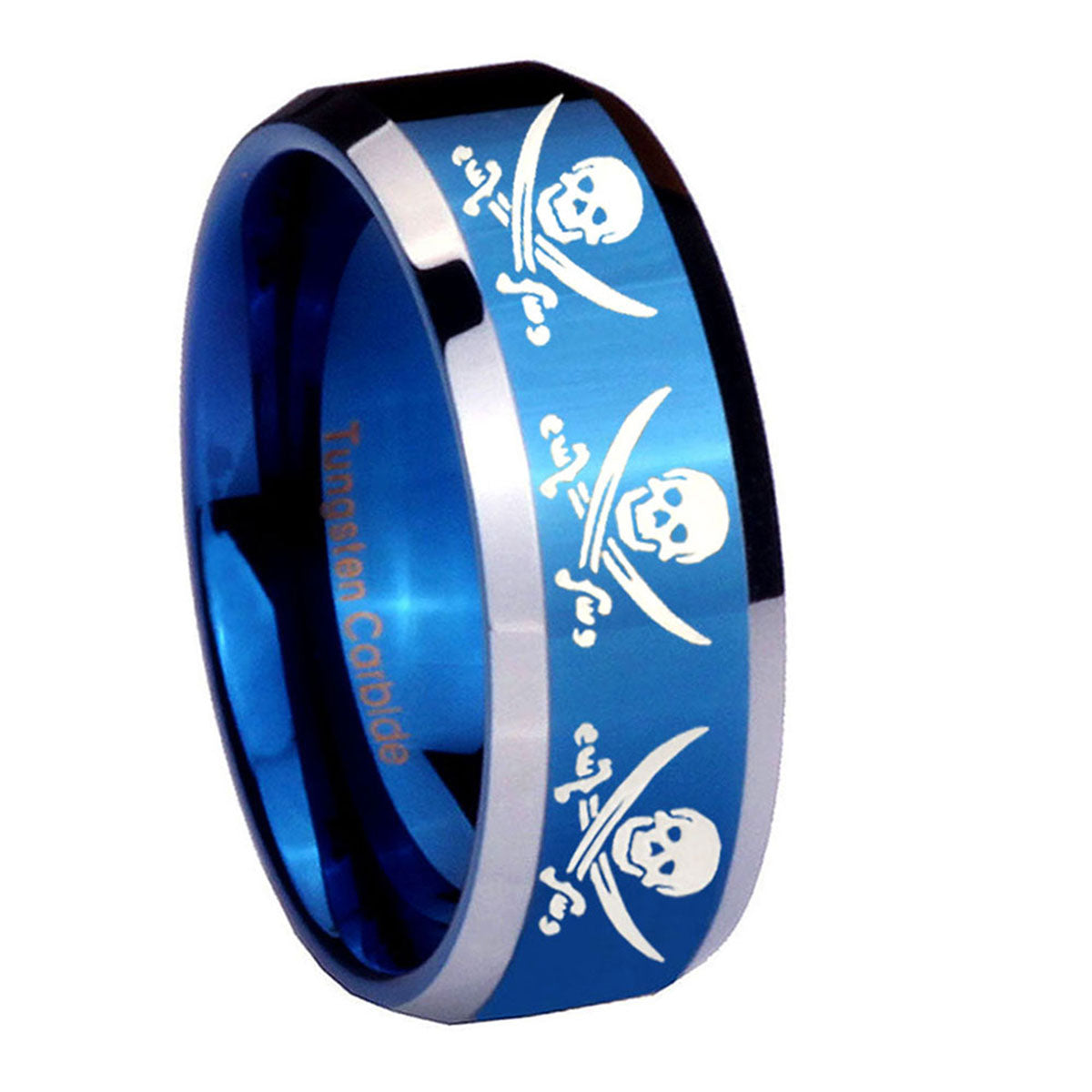 8MM Multiple Skull Pirate Beveled Blue Tungsten Ring