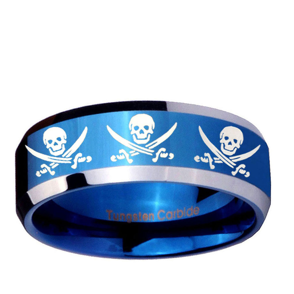 5MM Multiple Skull Pirate Beveled Blue Tungsten Ring