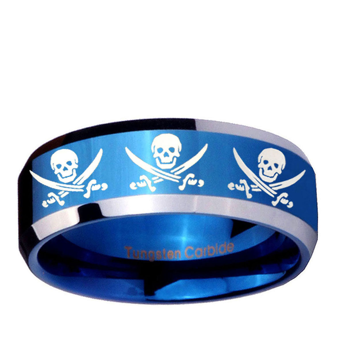 10mm Multiple Skull Pirate Beveled Blue 2 Tone Tungsten Ring