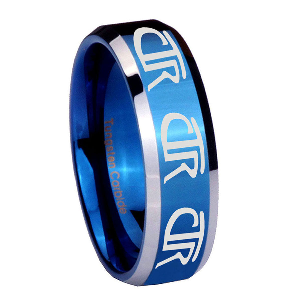 8MM Multiple CTR Bevel Beveled Blue Tungsten Mens Ring
