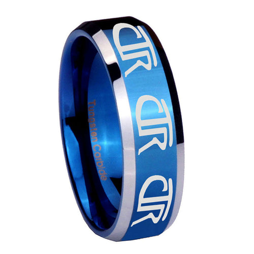10mm Multiple CTR Beveled Edges Blue 2 Tone Tungsten Mens Anniversary Ring