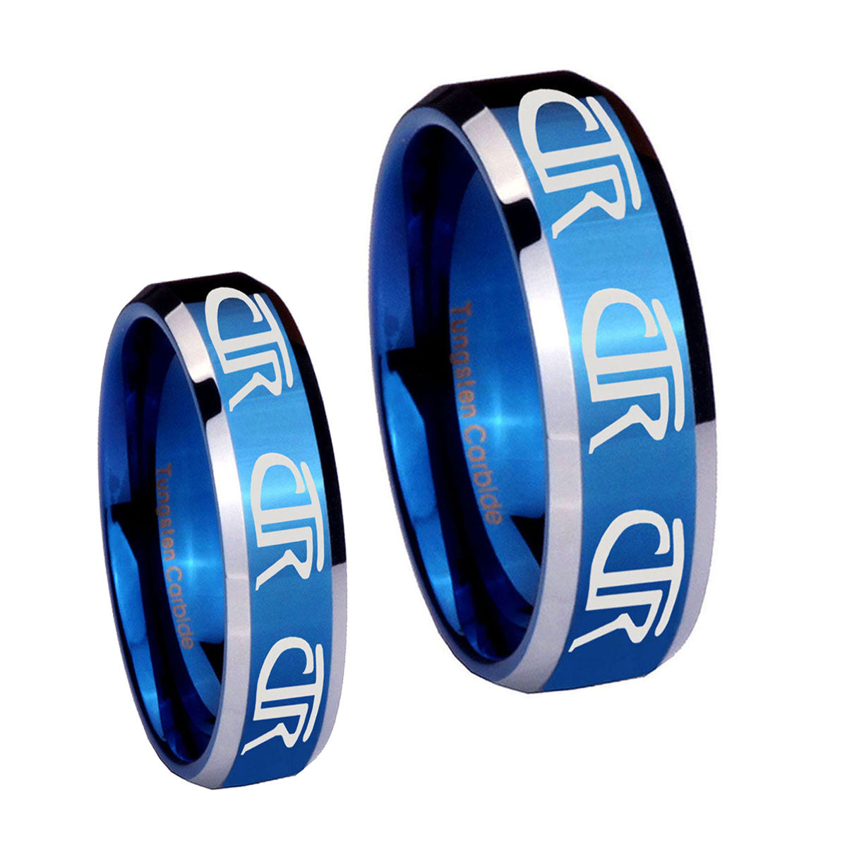 Multiple CTR Beveled Edges Blue 2 Tone Tungsten Bridal Band Set