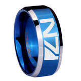8mm N7 Design Beveled Edges Blue 2 Tone Tungsten Mens Ring Engraved