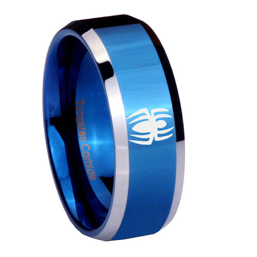 10mm Spiderman Beveled Edges Blue 2 Tone Tungsten Carbide Mens Ring Engraved