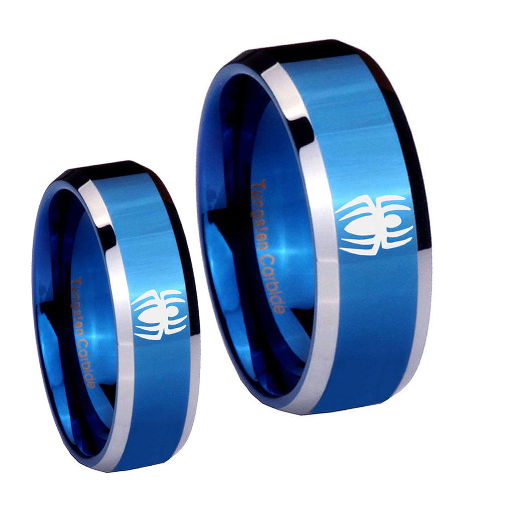 Spiderman Beveled Edges Blue 2 Tone Tungsten Bridal Ring Sets