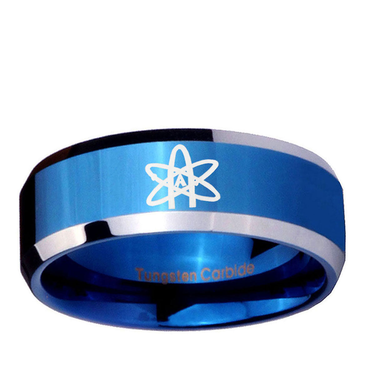 10mm American Atheist Beveled Edge Blue 2 Tone Tungsten Ring