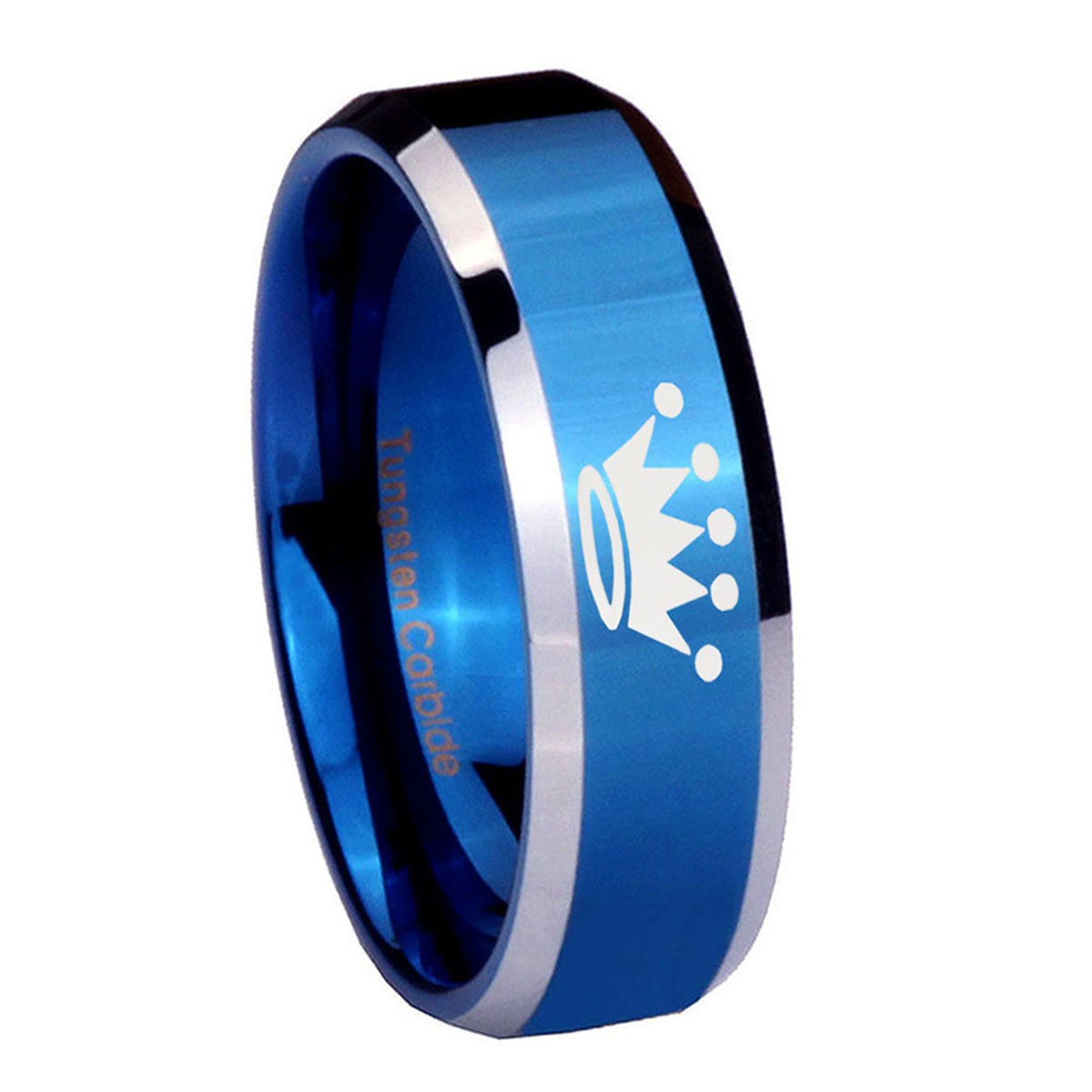 8MM Crown Beveled Blue Tungsten Ring For Man