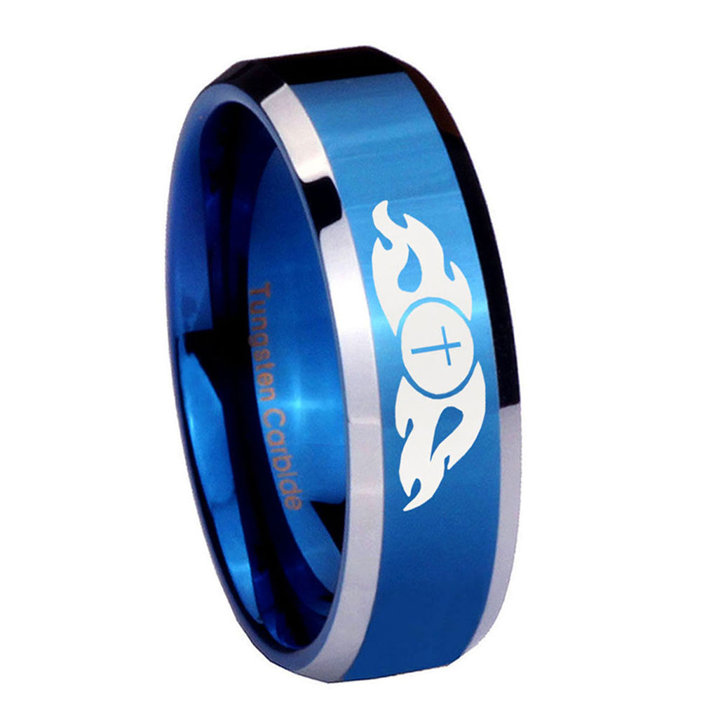 8MM Flamed Cross Beveled  Blue Tungsten Ring Men