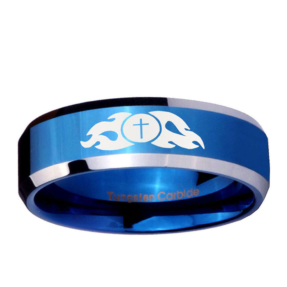 10mm Flamed Cross Beveled Edge Blue 2 Tone Tungsten Ring