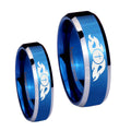 Flamed Cross Beveled Edges Blue 2 Tone Tungsten His Hers Ring Set