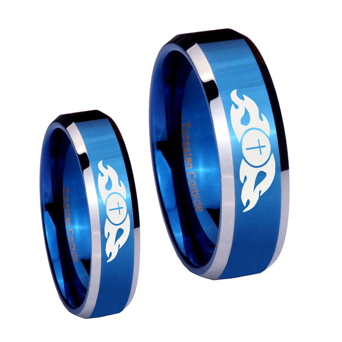 Flamed Cross Beveled Edges Blue 2 Tone Tungsten His Hers Ring Set