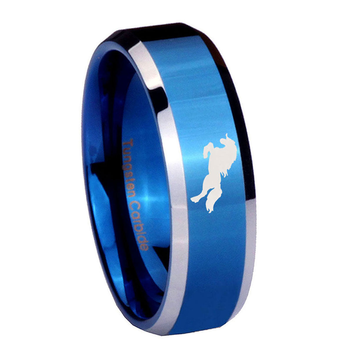 8MM Horse Beveled Blue Tungsten Engrave Man Ring