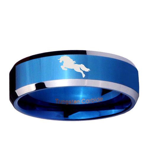 10mm Horse Beveled Edge Blue 2 Tone Tungsten Ring