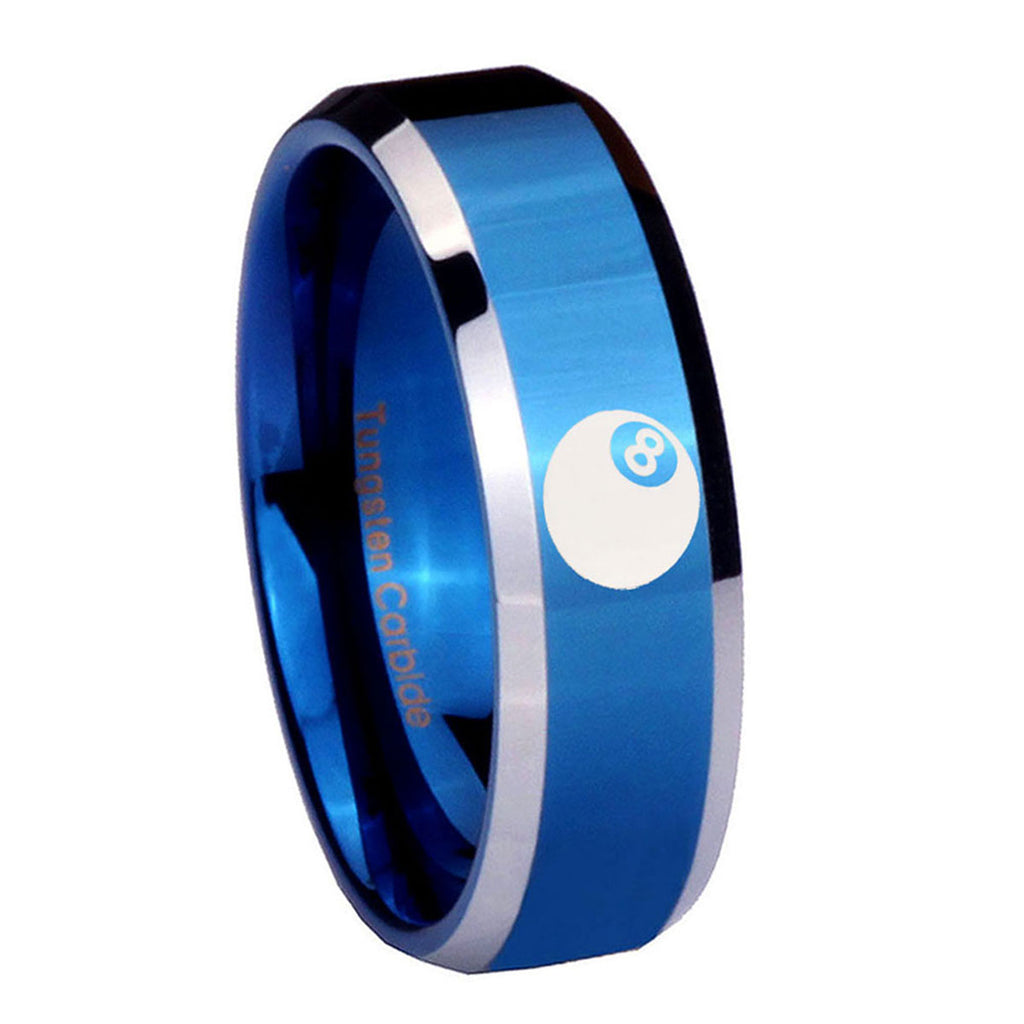 8MM 8 Ball Beveled Blue Tungsten Ring Men